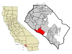 The southeast portion of the red area (City of Newport Beach) is the location of Newport Coast in Orange County[1]