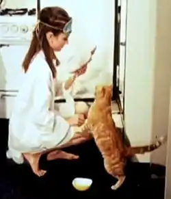 Audrey Hepburn crouching in a white bathrobe next to an orange tabby cat with its paw on her leg.