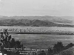 Oringi camp in 1913, with the Ruahine Range in the background