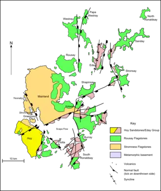 A map of the geology of Orkney. Hoy to the south-west is predominantly formed from Hoy/Eday Sandstones. The Mainland at the centre is largely Stromness flagstones with Rousay flagstones to the east. The smaller North and South Isles are a mixture of Eday and Rousay sandstones.