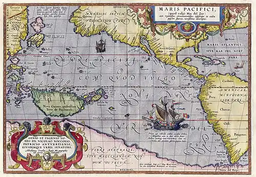 Image 27Maris Pacifici by Ortelius (1589). One of the first printed maps to show the Pacific Ocean (from Pacific Ocean)