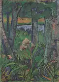 Forest with flowers and pond, c. 1925, distemper on jute, 106.5 x 77&nbsp;cm