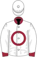 white, maroon circle and collar, maroon cuffs