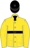 Yellow, narrow black hoop and cap