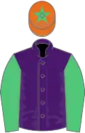 Purple, emerald green sleeves, orange cap, emerald green star