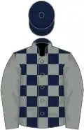 Dark blue and grey check, grey sleeves, blue cap