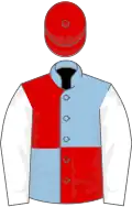 Light blue and red (quartered), white sleeves, red cap