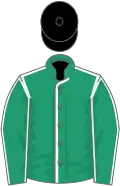 Emerald green, white seams on jacket and sleeves, black cap