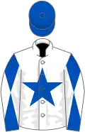 White, royal blue star, royal blue and white diabolo on sleeves, royal blue cap