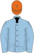 Light blue, light blue sleeves, orange cap