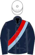 Dark blue, red and light blue sash, white cap