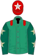 Emerald green, red epaulets, dark green sleeves, beige stars, red cap, white star