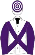 White, purple cross sashes and sleeves, hooped cap