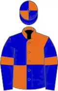 Orange and blue (quartered), blue sleeves, orange armlets, quartered cap