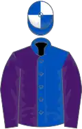 Royal blue and purple halved, purple sleeves, royal blue and white quartered cap