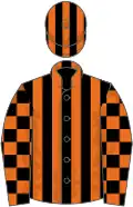 Black and orange stripes, check sleeves, striped cap