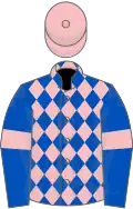 Royal blue and pink diamonds, royal blue sleeves, pink armlets, pink cap
