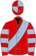 Red, light blue sash, hooped sleeves, quartered cap