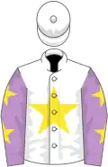 White, yellow star, mauve sleeves, yellow stars, white cap