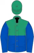 Emerald green and royal blue (halved horizontally), royal blue sleeves, emerald green cap