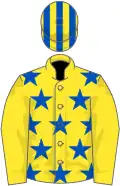 Yellow, royal blue stars on body, striped cap