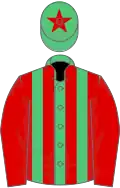 Emerald green and red stripes, red sleeves, red star on cap