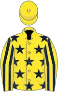 Yellow, dark blue stars, striped sleeves, yellow cap