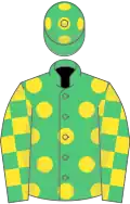 EMERALD GREEN, yellow spots, check sleeves, emerald green cap, yellow spots