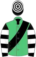 Emerald green, black sash, black and white hooped sleeves, black and white hooped cap