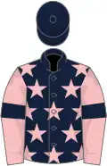 Dark blue, pink stars, pink sleeves, dark blue armlets, dark blue cap
