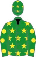 Green, yellow stars, spots on sleeves and stars on cap