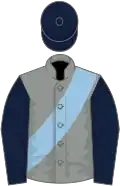 Grey, light blue sash, dark blue sleeves and cap