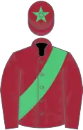 Maroon, emerald green sash, emerald green star on cap