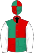 Red and emerald green (quartered), white sleeves, emerald green and red quartered cap