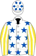 White, royal blue stars, yellow and white striped sleeves, white cap, blue diamonds