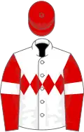 White, red triple diamond, red sleeves, white armlets, red cap