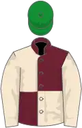 Claret and champagne (quartered), champagne sleeves, green cap
