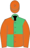 Emerald green and orange (quartered), orange sleeves and cap