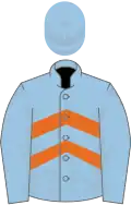 Light blue, orange chevrons, light blue sleeves and cap