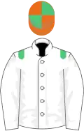 White, emerald green epaulets, orange and emerald green quartered cap