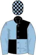 Black and light blue (quartered), light blue sleeves, check cap