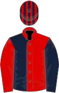 Red and dark blue halved, sleeves reversed, striped cap