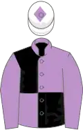 Mauve and black (quartered), mauve sleeves, white cap, mauve diamond
