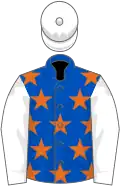Royal blue, orange stars, white sleeves and cap