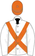 White, orange cross belts, orange cap