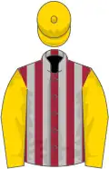 Maroon and silver grey stripes, gold sleeves and cap