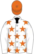 White, orange stars on body, orange cap