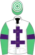 White, purple cross of lorraine, emerald green sleeves, purple armlets, emerald green and white hooped cap