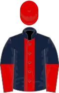Dark blue, red stripe, halved sleeves, red cap