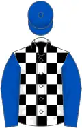 White and black check, royal blue sleeves and cap